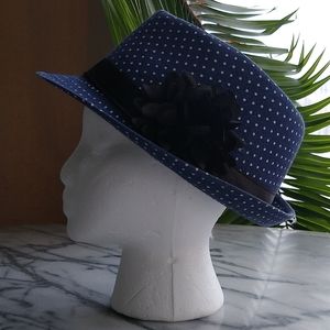 Fedora style white polka dots navy blue hat